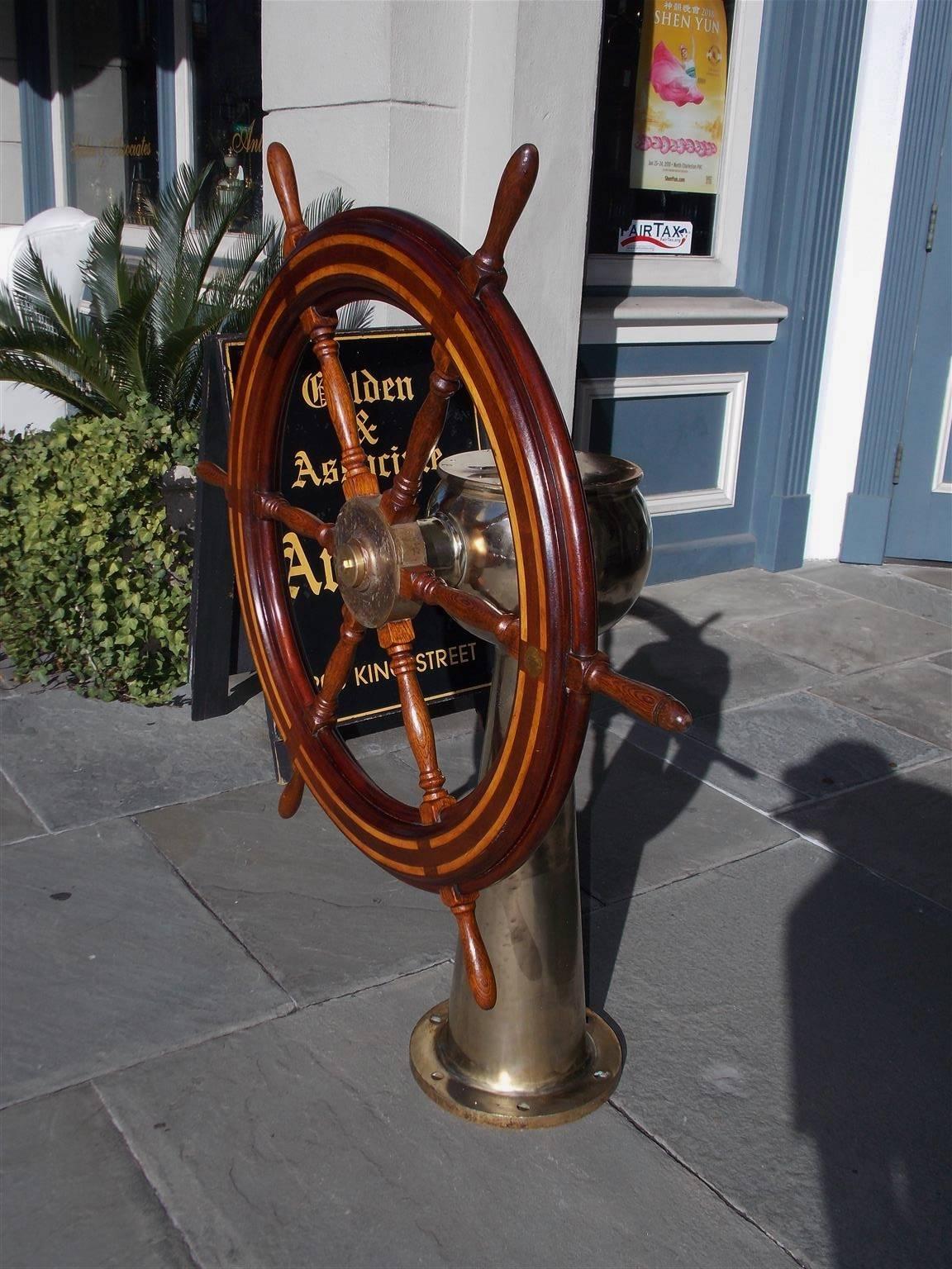 American Empire American Mahogany Nautical Ship Wheel Mounted on Brass Geared Pedestal. C. 1870