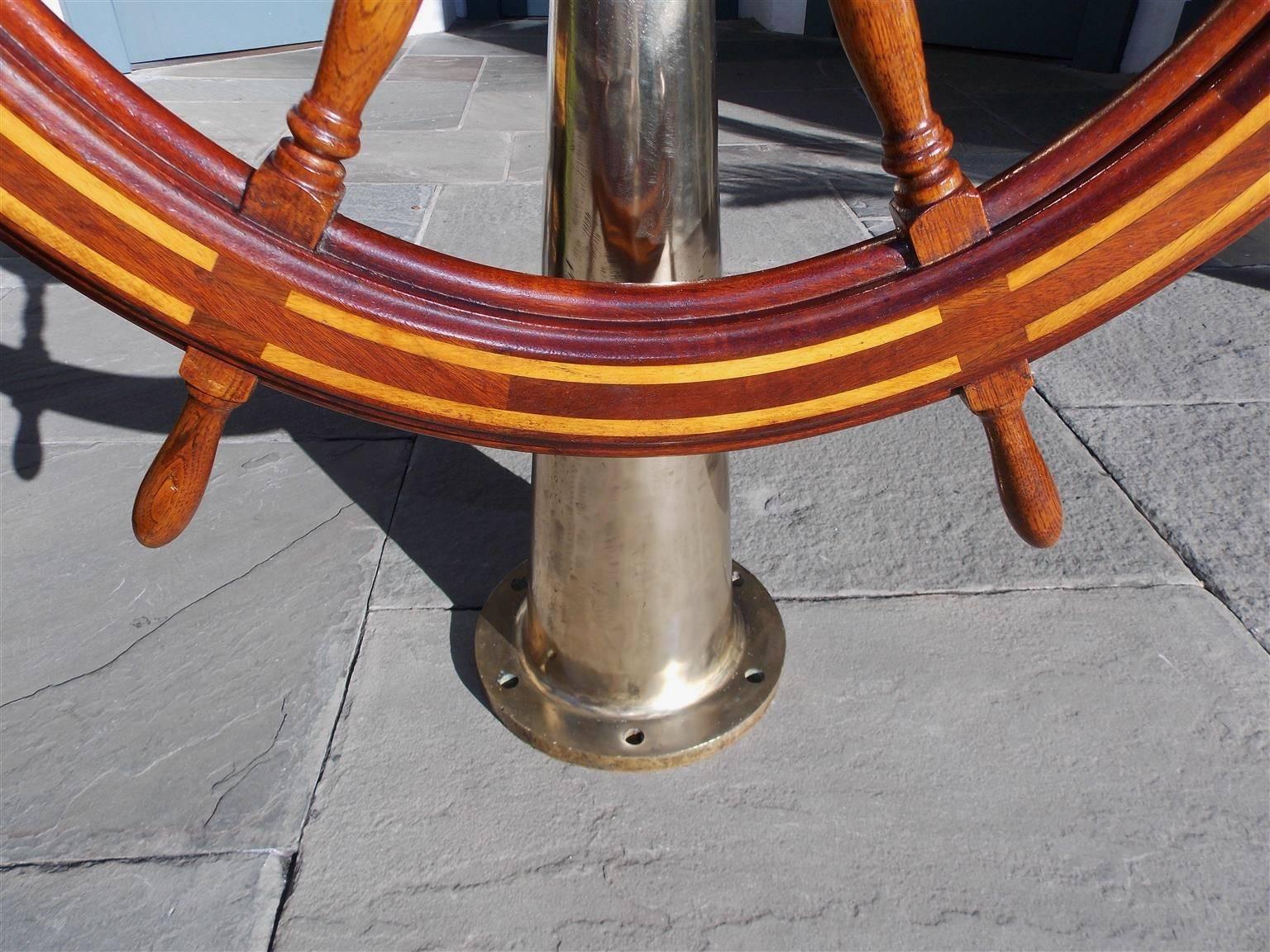 Late 19th Century American Mahogany Nautical Ship Wheel Mounted on Brass Geared Pedestal. C. 1870