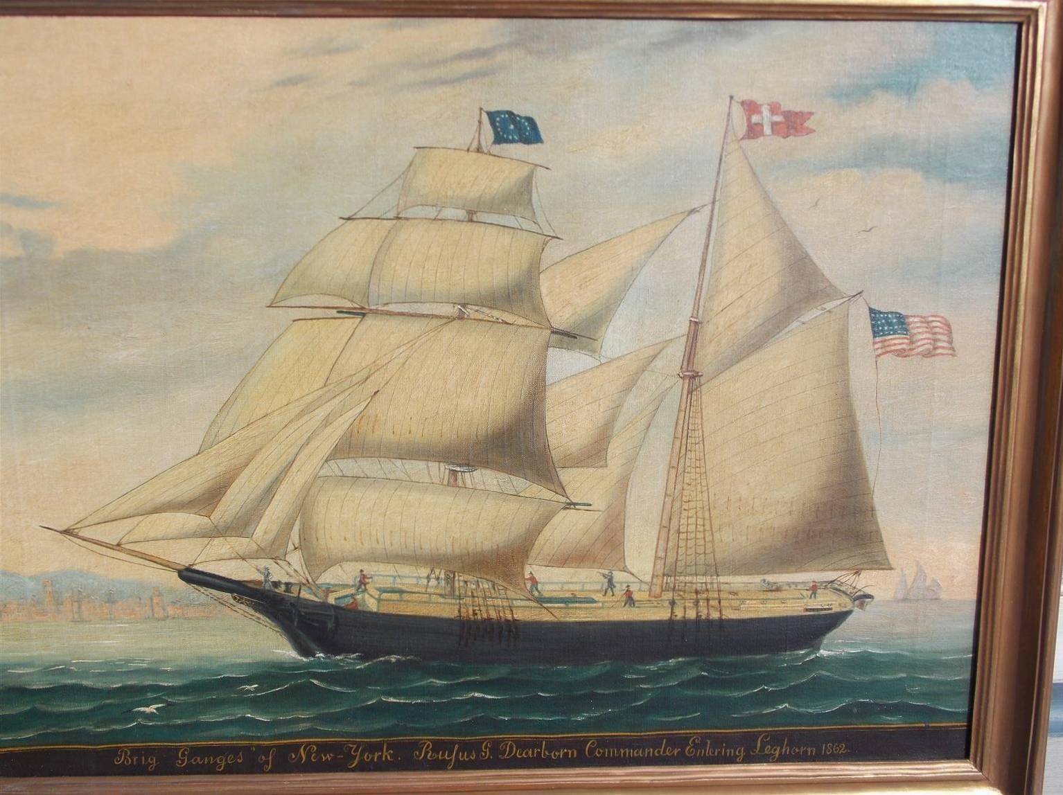 American oil on canvas framed Brigantine Ganges of New York entering the port of Livorno, Italy with all flags flying under Commander Rufus G. Dearborn, Circa 1862.