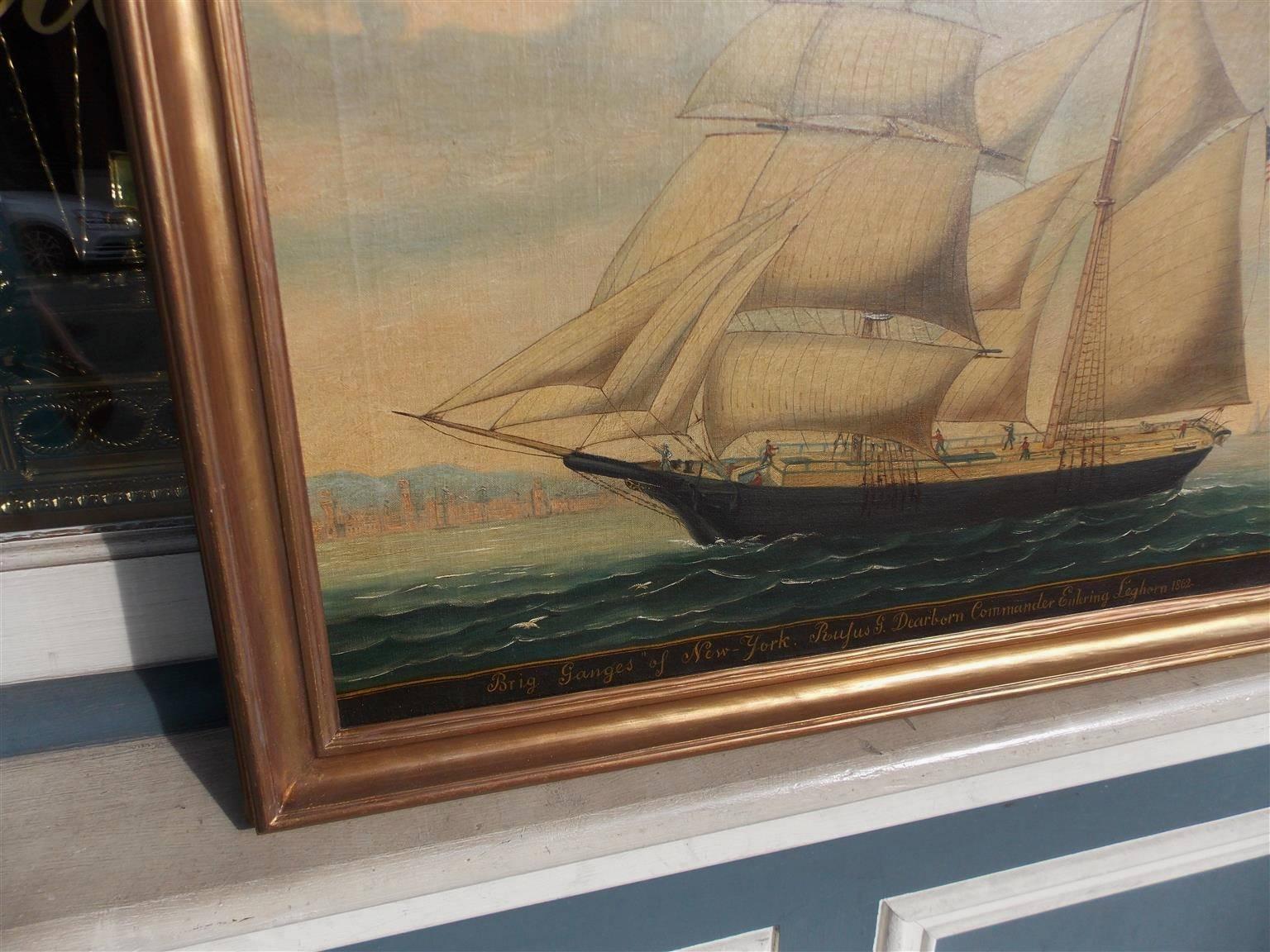 American Oil on Canvas Framed Brigantine Ganges of New York, Circa 1862 In Excellent Condition In Hollywood, SC