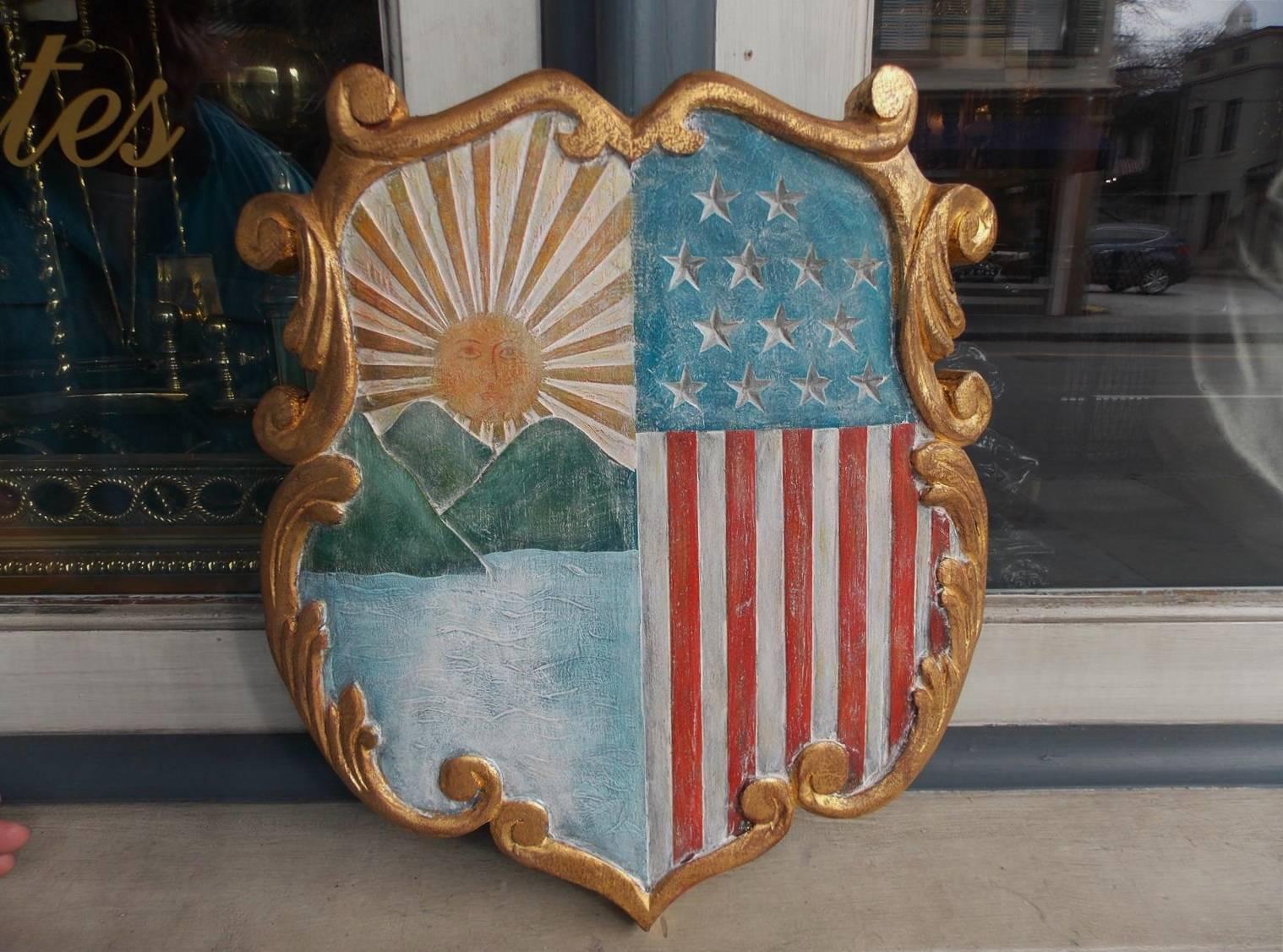 Folk Art American Gilt Carved and Painted Patriotic Shield, Circa 1920