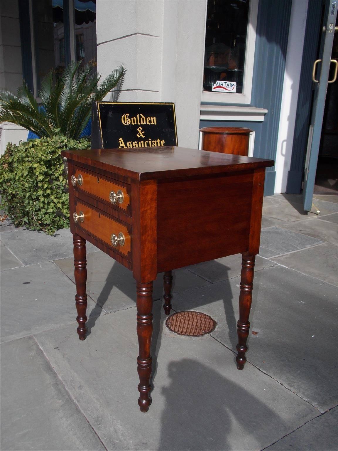 Inlay American Sheraton Cherry Mahogany and Tiger Maple Two-Drawer Stand, Circa 1820