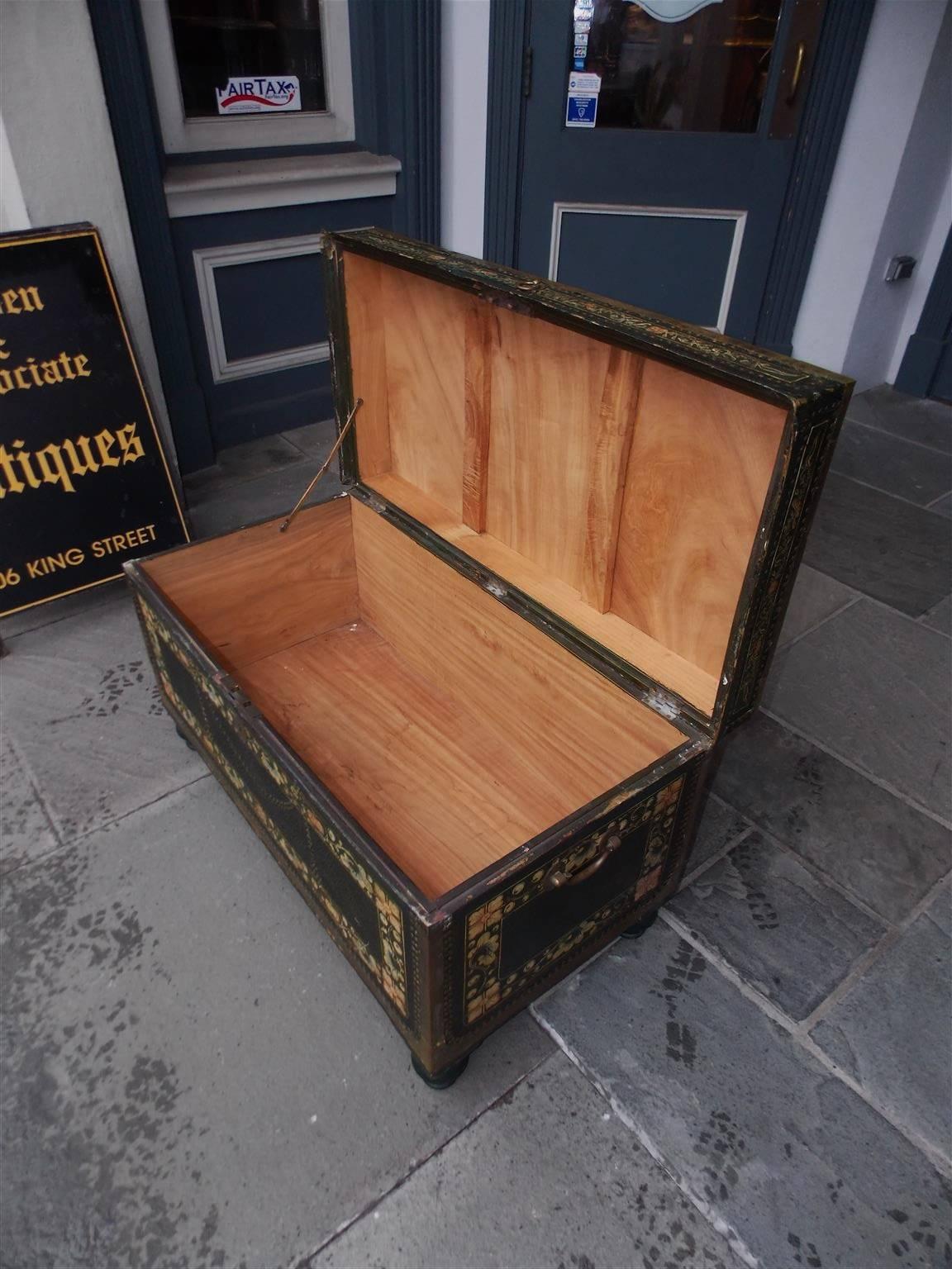 Chinese Campaign Camphor Wood Floral Painted Leather Nautical Chest, Circa 1820 In Excellent Condition In Charleston, SC