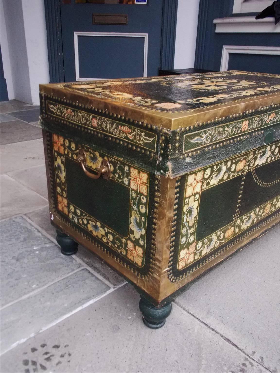 Chinese Export Chinese Campaign Camphor Wood Floral Painted Leather Nautical Chest, Circa 1820
