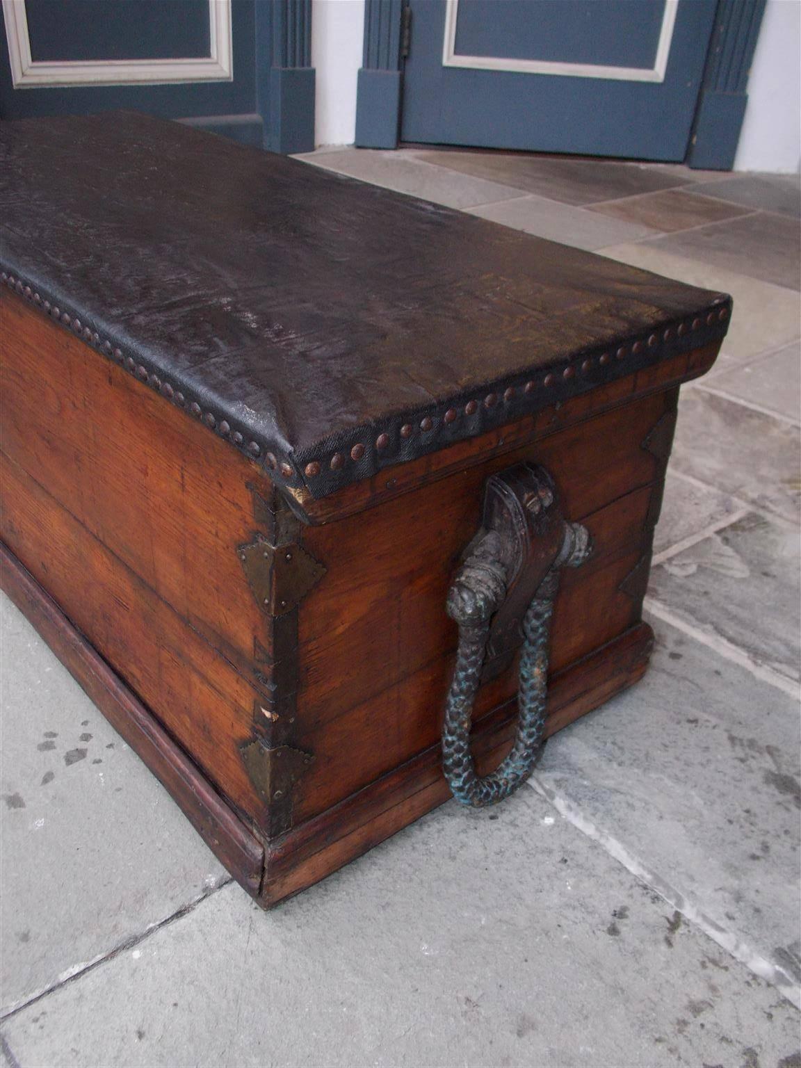 Hand-Carved American Pine and Leather Nautical Sea Chest with Braided Rope Beckets, C. 1800