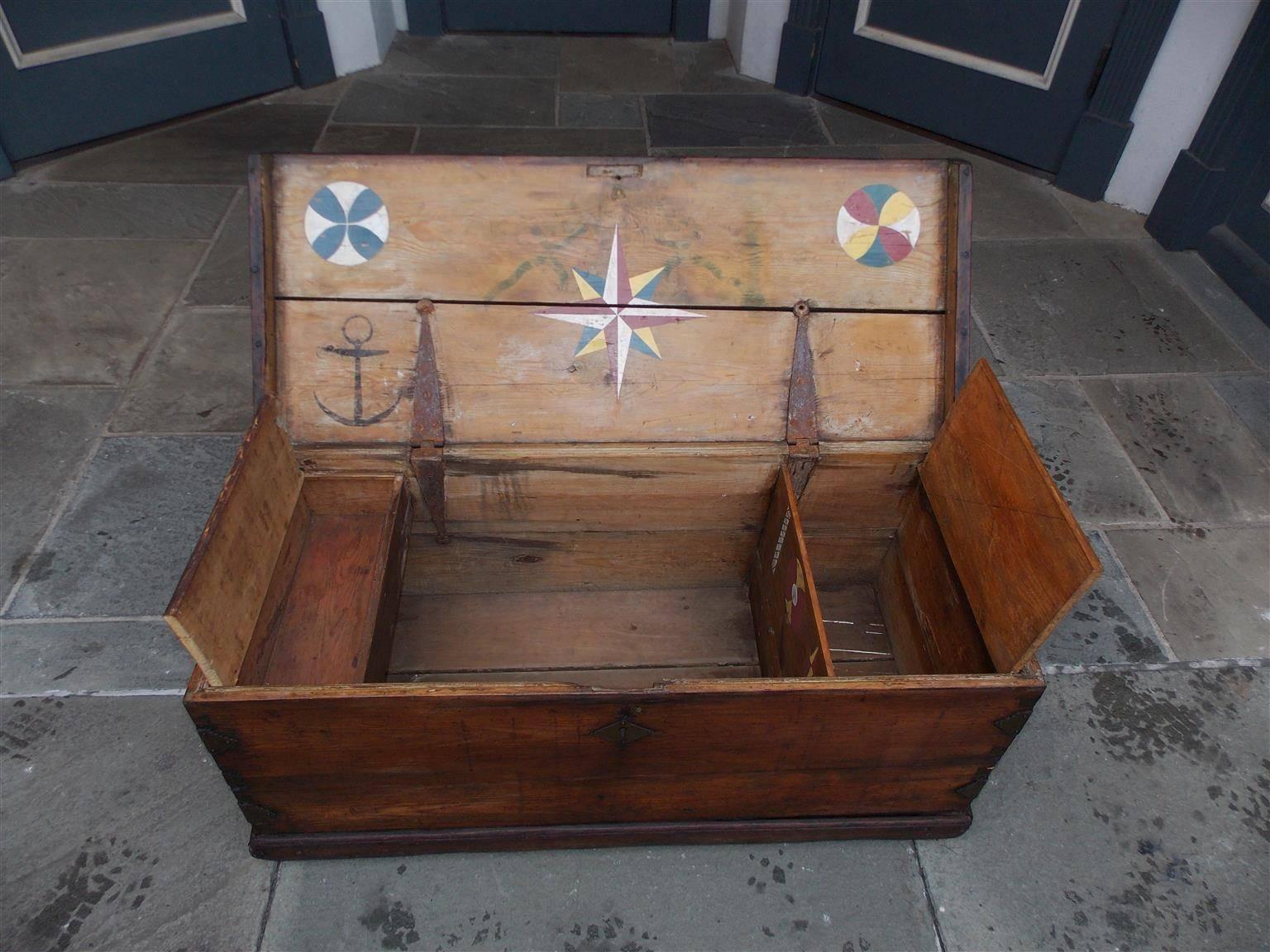 Early 19th Century American Pine and Leather Nautical Sea Chest with Braided Rope Beckets, C. 1800