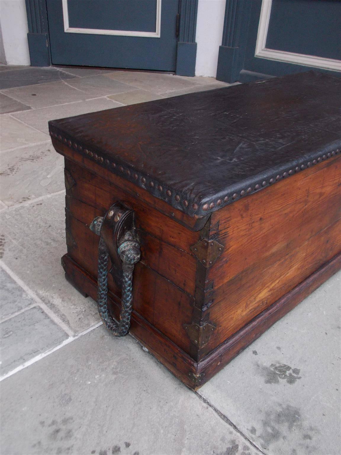 American Colonial American Pine and Leather Nautical Sea Chest with Braided Rope Beckets, C. 1800