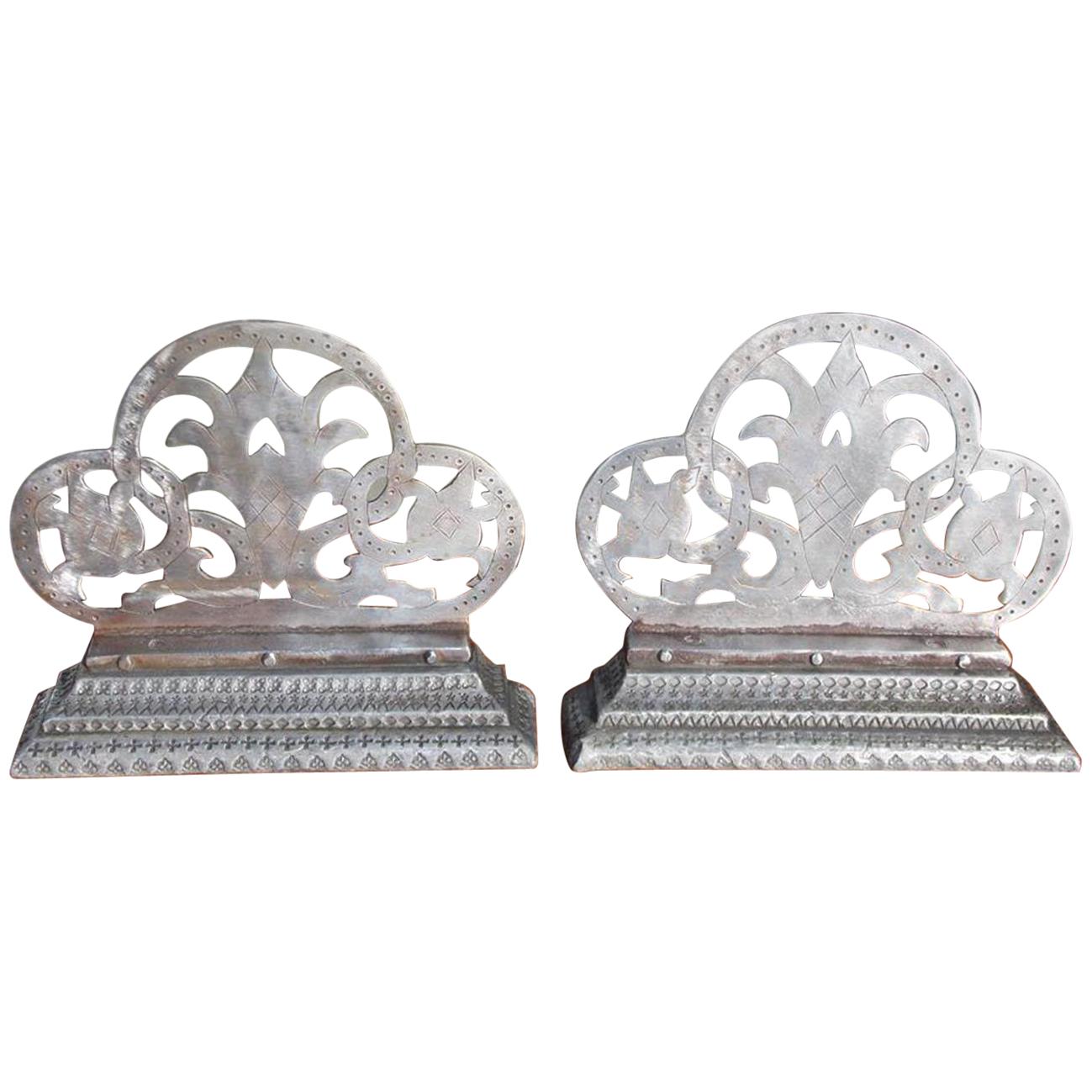 Pair of English Polished Steel Hand Chase Decorative Floral Bookends, Circa 1830