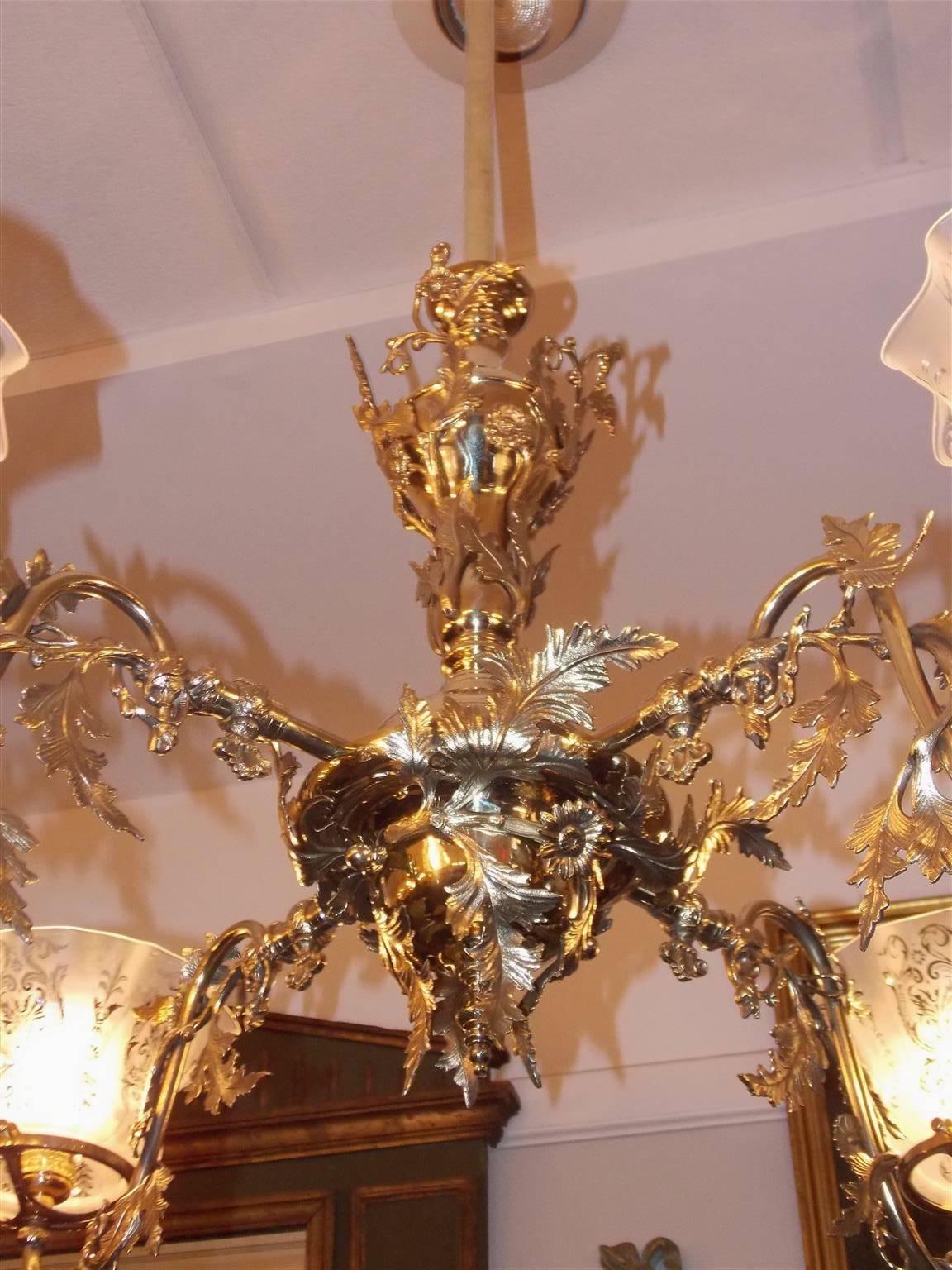 American Brass Floral Gasolier with Original Frosted Globes, Circa 1860 In Excellent Condition In Charleston, SC