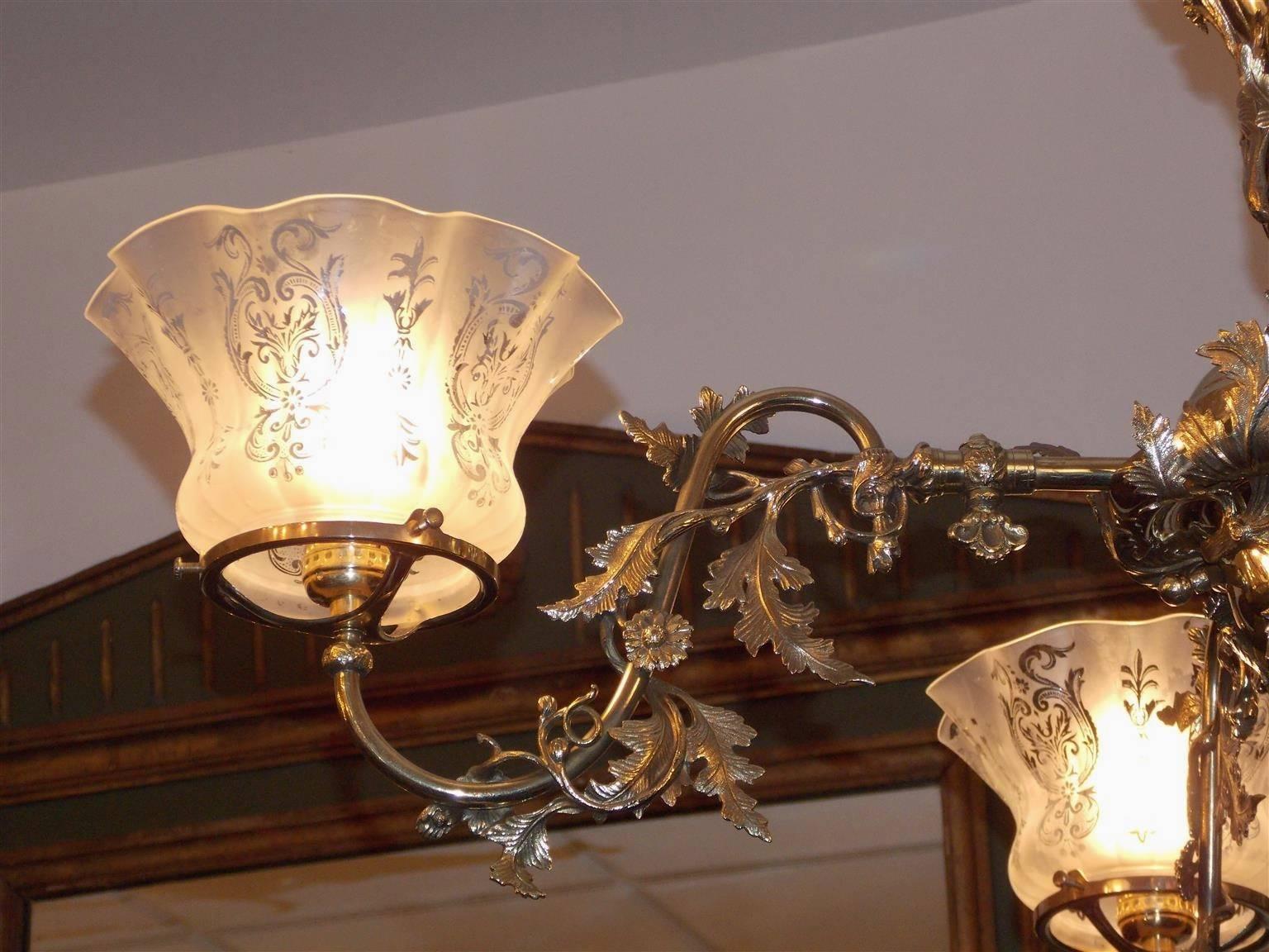 American Classical American Brass Floral Gasolier with Original Frosted Globes, Circa 1860