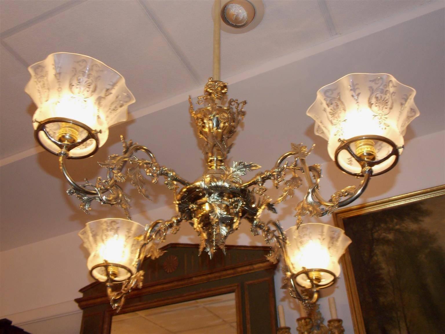 Cast American Brass Floral Gasolier with Original Frosted Globes, Circa 1860