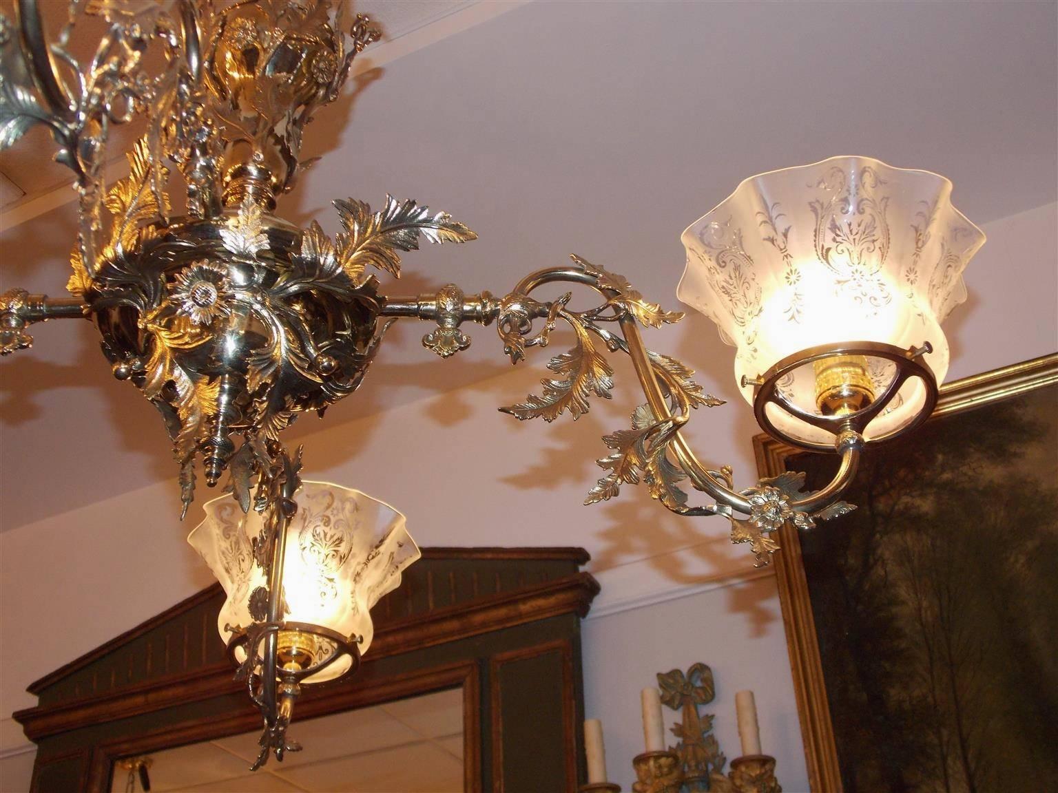 American Brass Floral Gasolier with Original Frosted Globes, Circa 1860 1