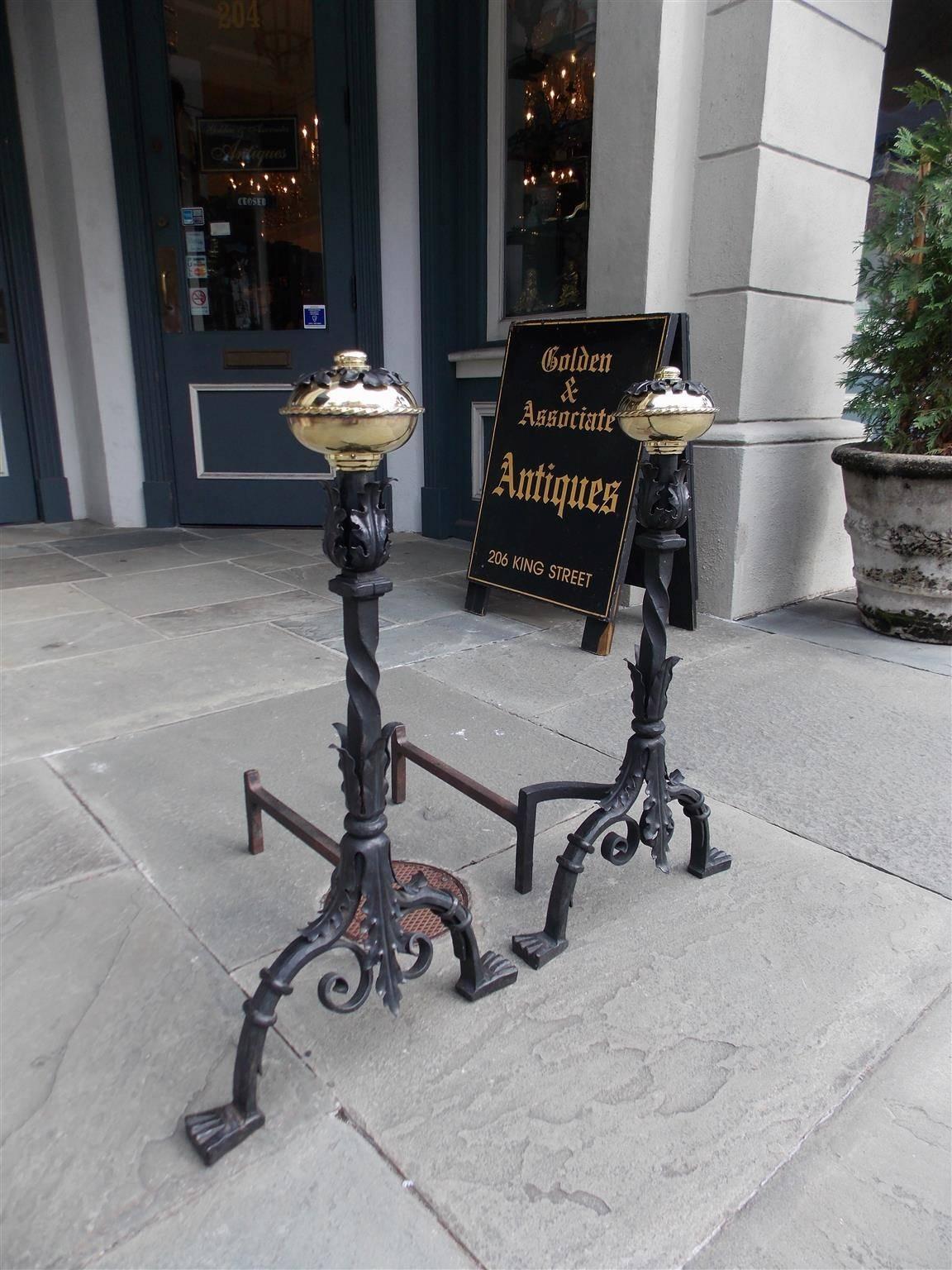 Neoclassical Pair of Italian Brass and Wrought Iron Floral Andirions, Circa 1810 For Sale