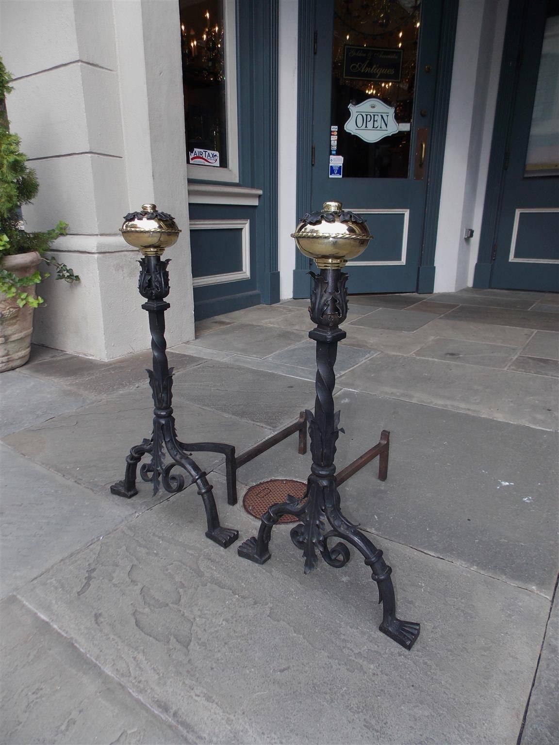 Pair of Italian Brass and Wrought Iron Floral Andirions, Circa 1810 In Excellent Condition For Sale In Hollywood, SC