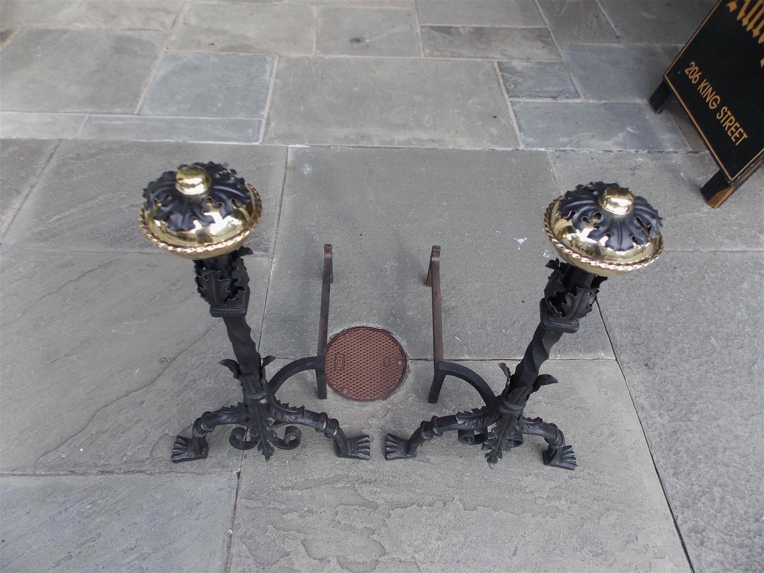 Early 19th Century Pair of Italian Brass and Wrought Iron Floral Andirions, Circa 1810 For Sale