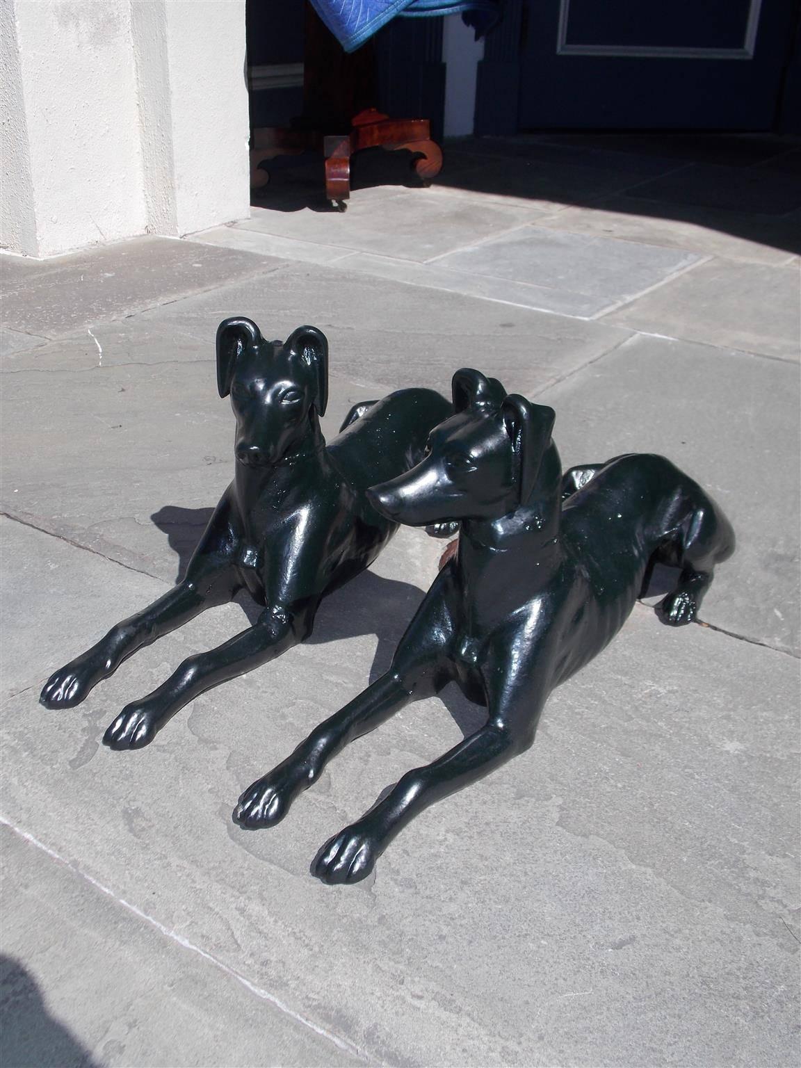 George III Pair of English Diminutive Cast Iron Powder Coated Whippets, Circa 1810 For Sale