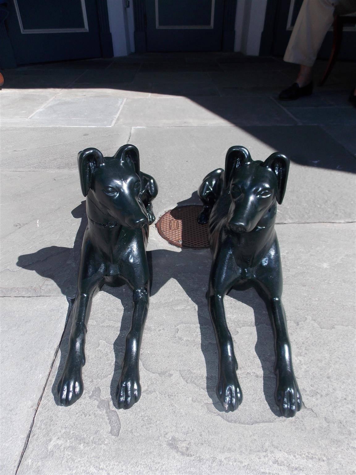 Pair of English Diminutive Cast Iron Powder Coated Whippets, Circa 1810 In Excellent Condition For Sale In Hollywood, SC