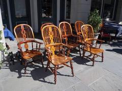 Set of Six English Yew and Ash Windsor Armchairs, Circa 1820