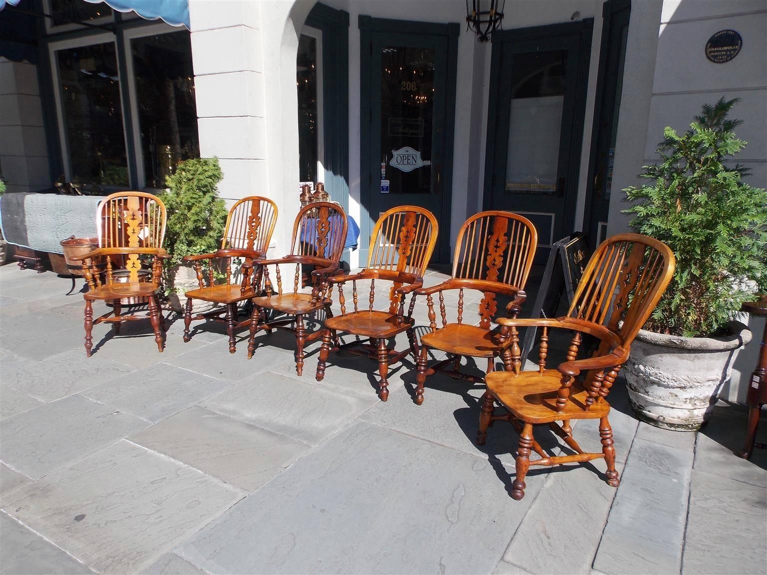 Early 19th Century Set of Six English Yew and Ash Windsor Armchairs, Circa 1820