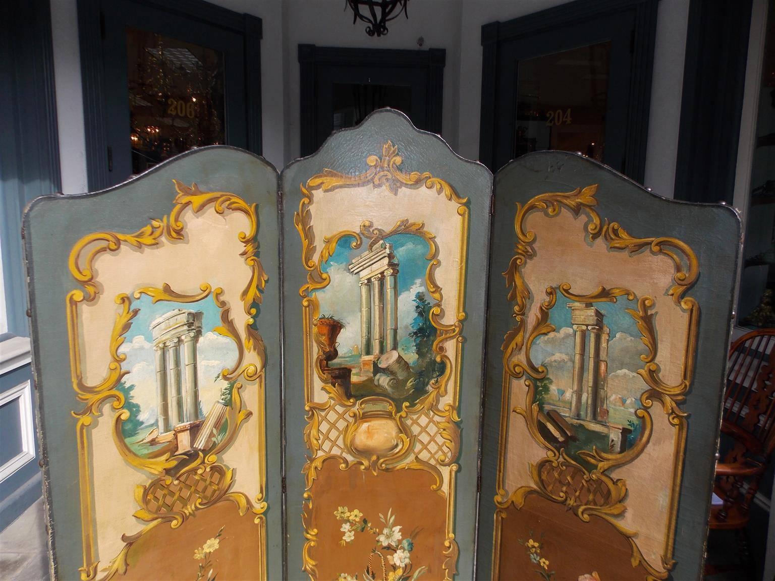 Italian Painted Three Panel Folding Leather Screen.  Circa 1880 In Excellent Condition In Hollywood, SC