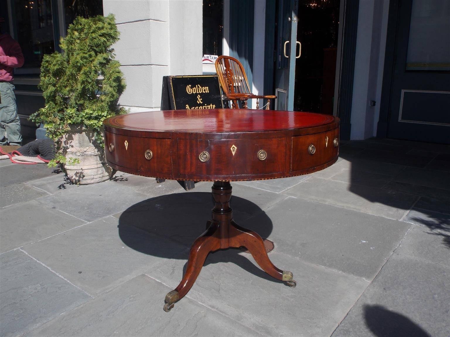 George III English Mahogany Inlaid Red Leather Top Rent Table with Original Casters, C 1790
