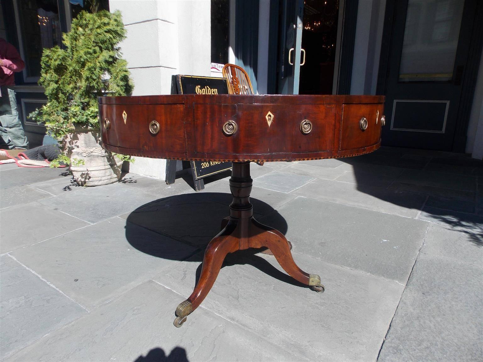 English Mahogany Inlaid Red Leather Top Rent Table with Original Casters, C 1790 2