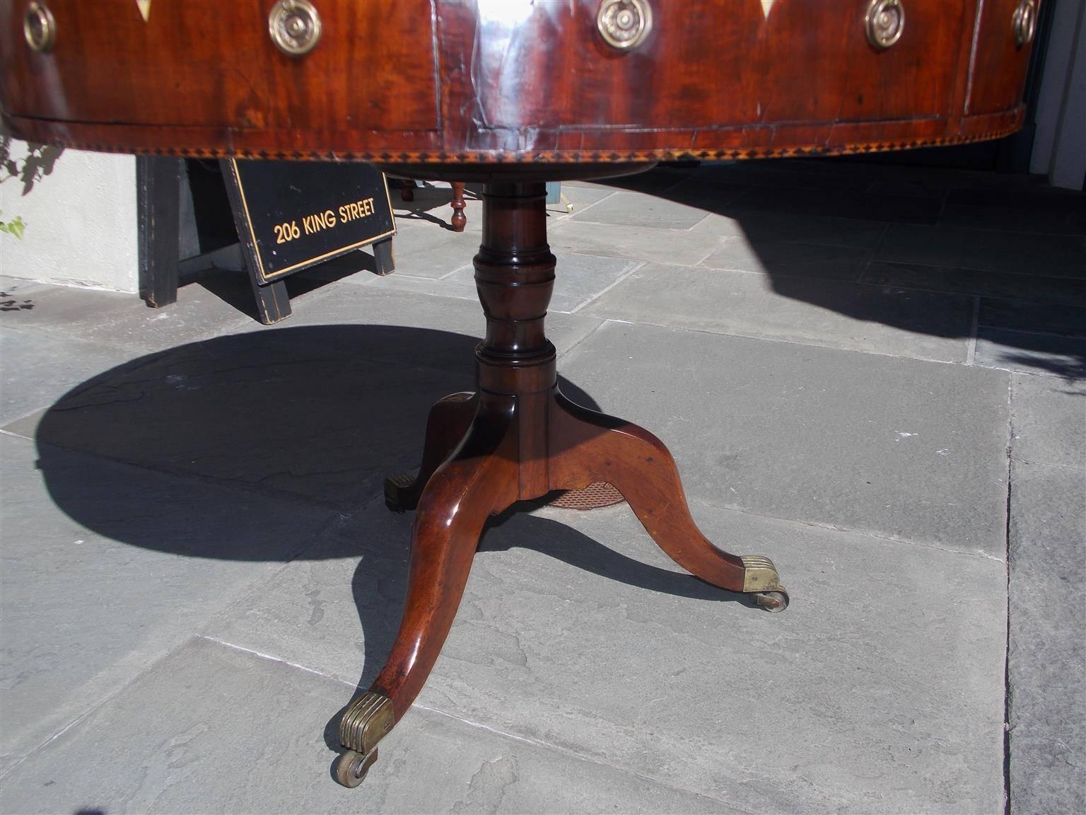 Hand-Carved English Mahogany Inlaid Red Leather Top Rent Table with Original Casters, C 1790