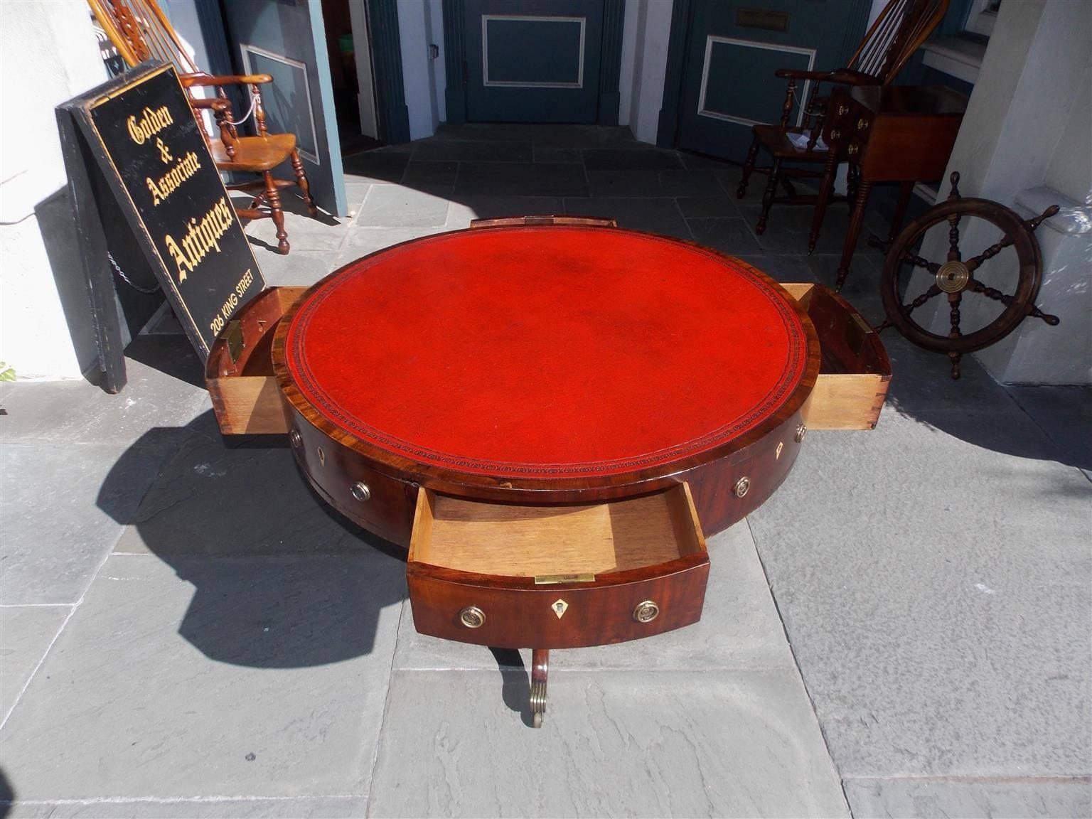 English Mahogany Inlaid Red Leather Top Rent Table with Original Casters, C 1790 In Excellent Condition In Hollywood, SC