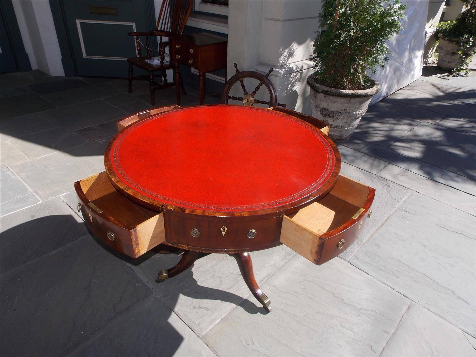 English Mahogany Inlaid Red Leather Top Rent Table with Original Casters, C 1790 1