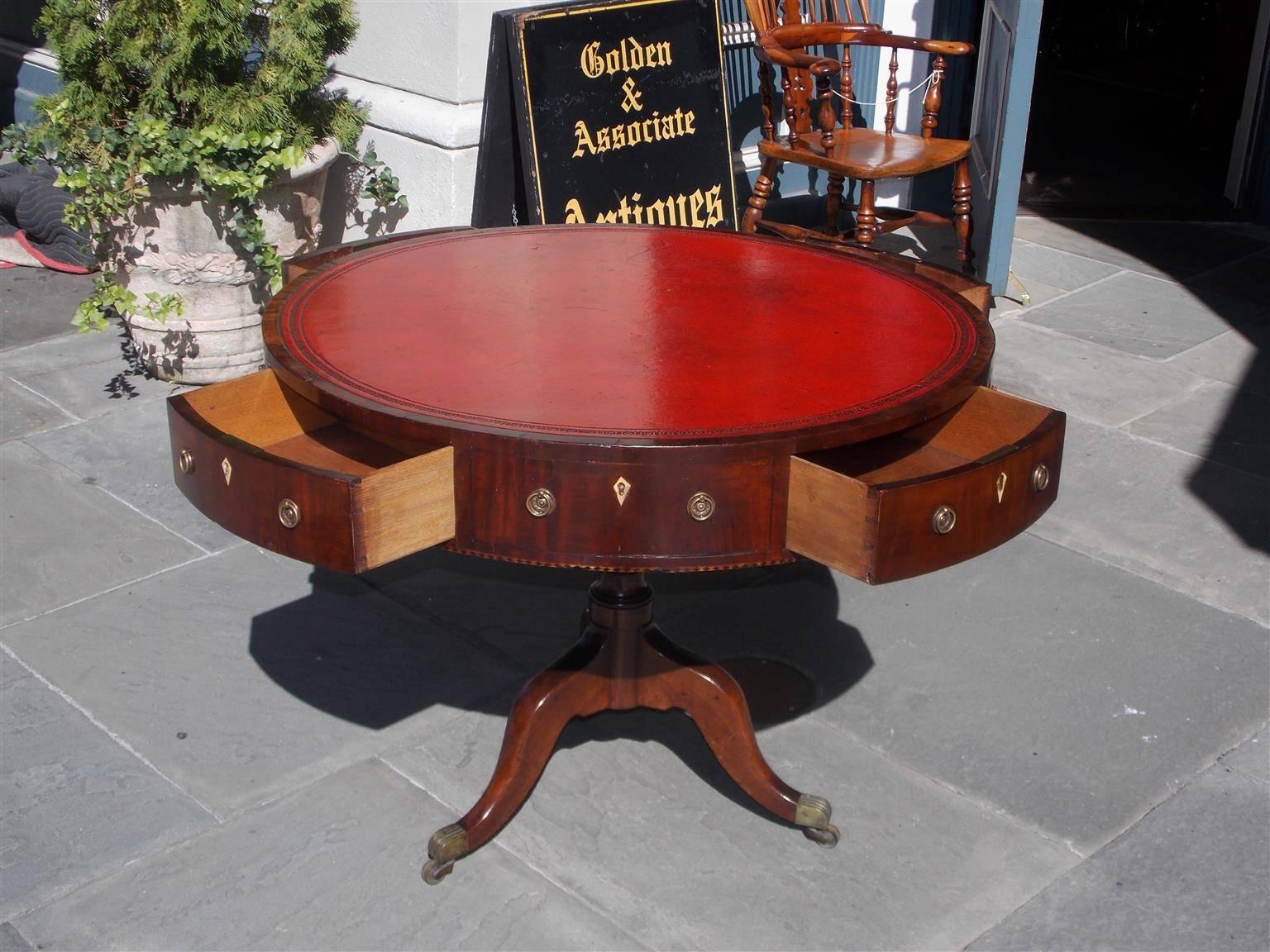 Late 18th Century English Mahogany Inlaid Red Leather Top Rent Table with Original Casters, C 1790