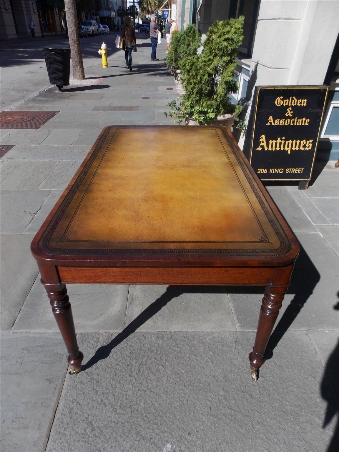 Brass English Mahogany Leather Top Writing Desk.  Circa 1820