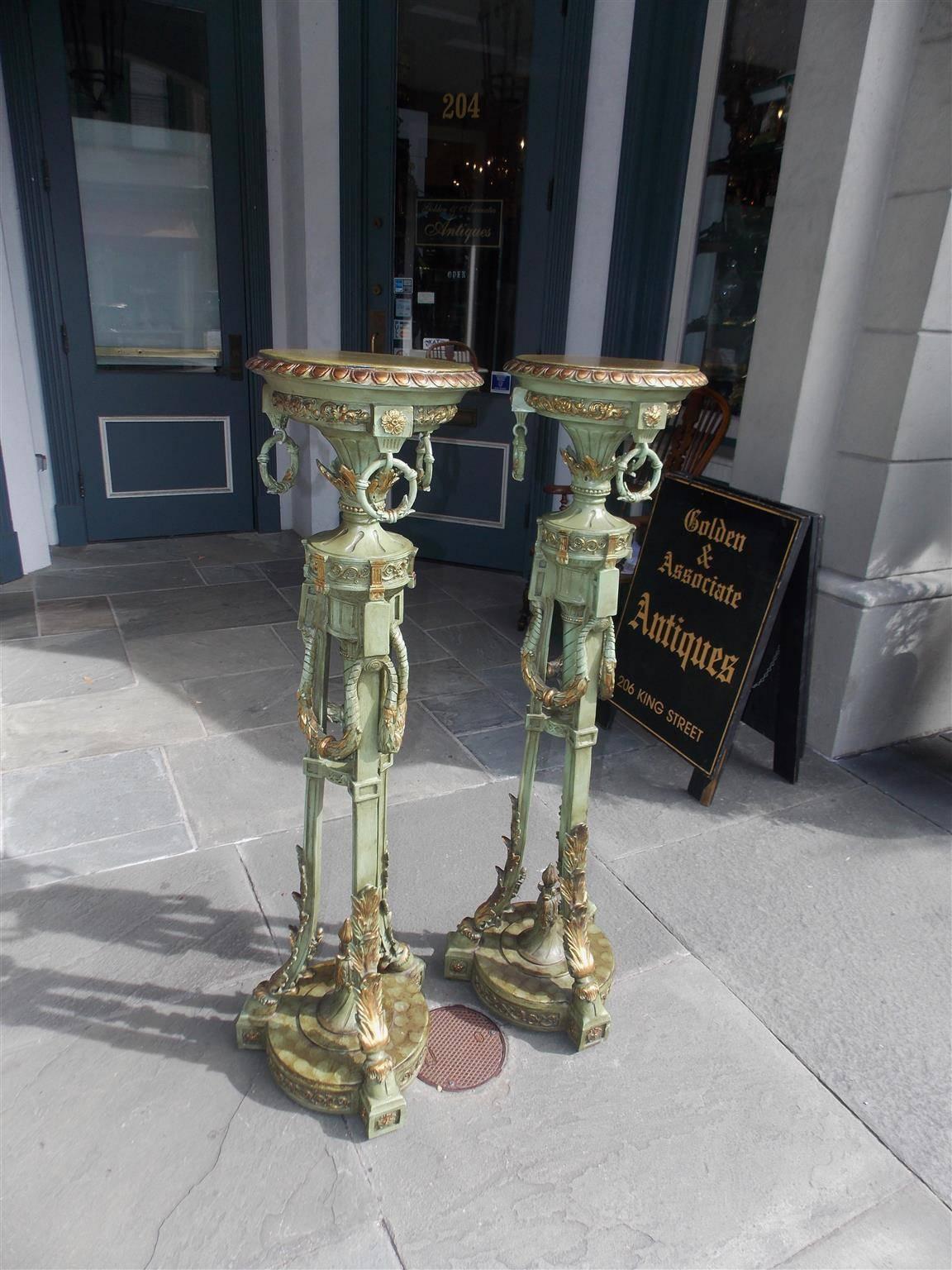 Neoclassical Pair of Italian Painted and Gilt Floral Torchieres, Circa 1840 For Sale