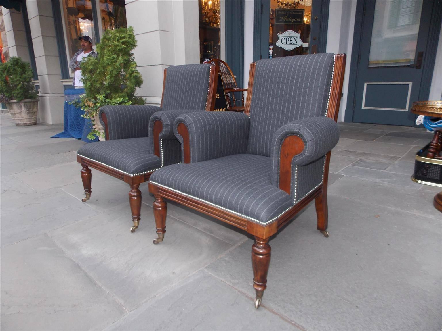 Cast Pair of American Mahogany Upholstered Club Chairs, 20th Century