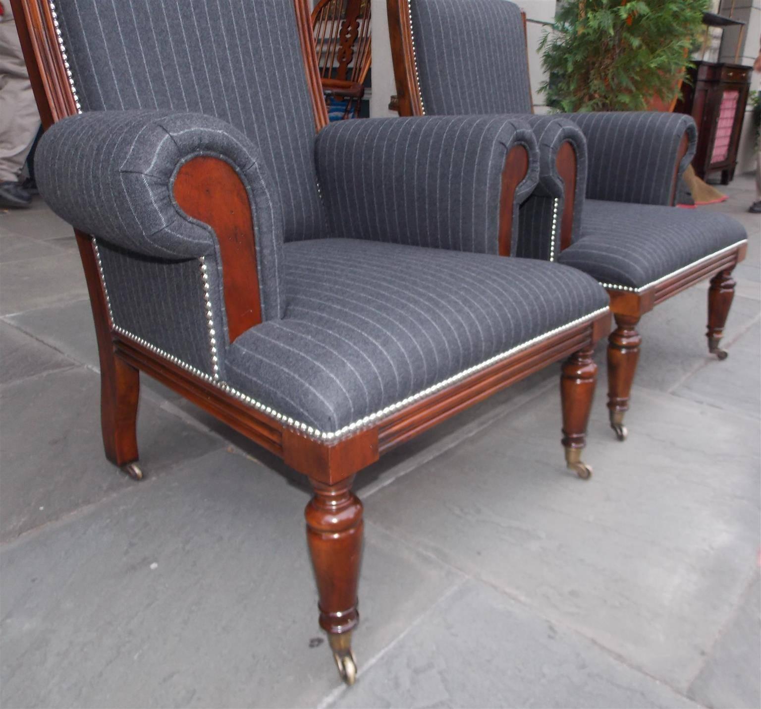 Brass Pair of American Mahogany Upholstered Club Chairs, 20th Century