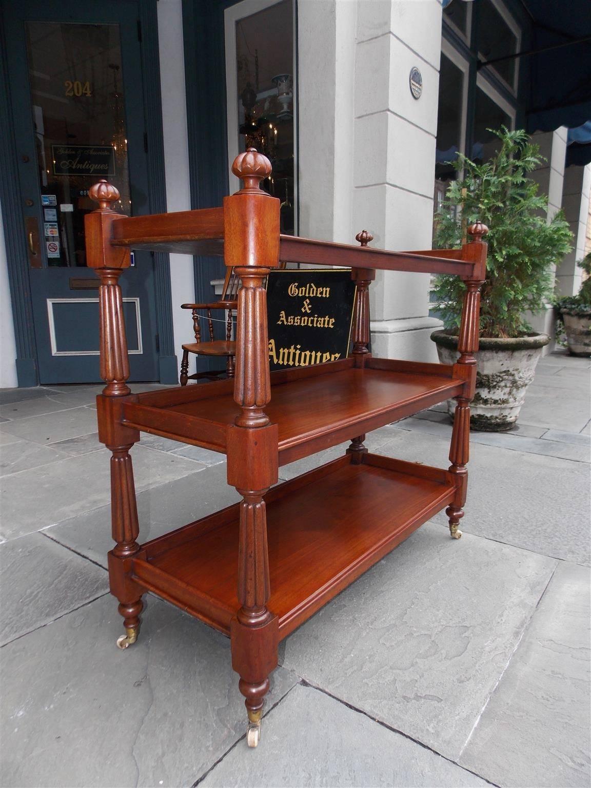 Hand-Carved English Mahogany Reeded Three-Tiered Trolley, Circa 1820