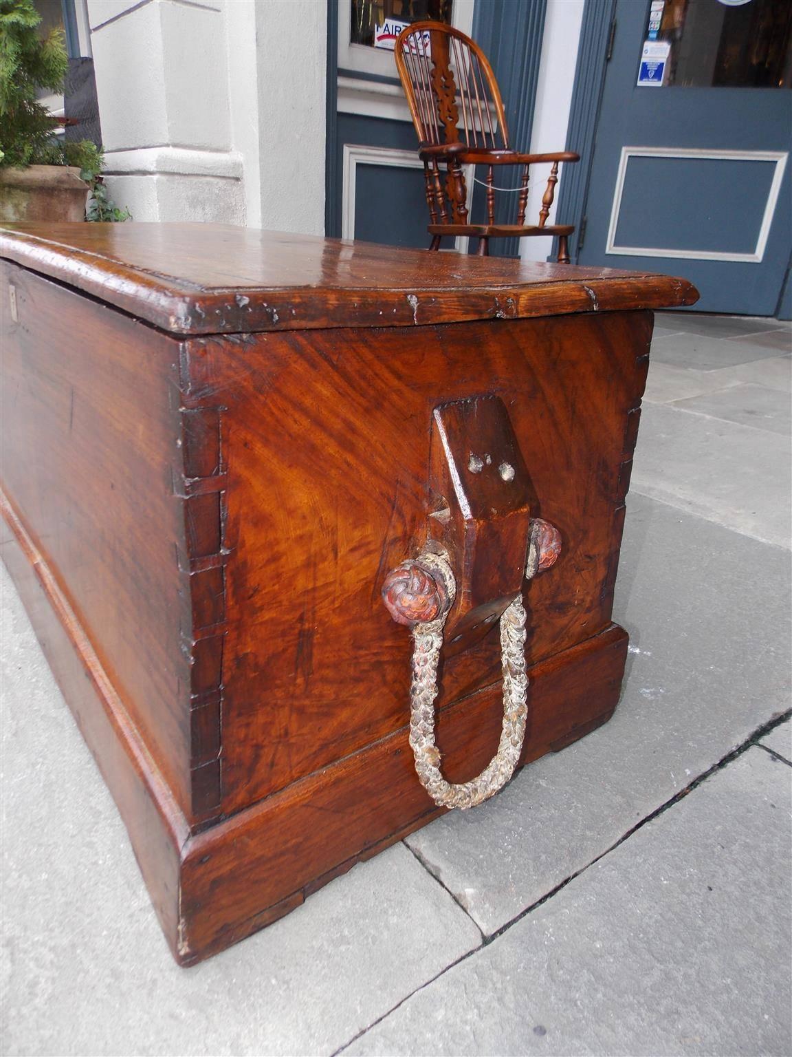 Hand-Carved English Camphor Wood Sea Captain's Chest with Braided Beckets, Circa 1770 For Sale