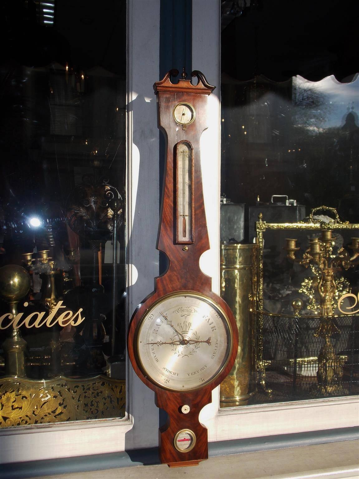 English mahogany four dial banjo barometer with broken arch pediment, steel engraved face with Prince of Wales motif, and original rotating bone dial. Barometer can be restored to working condition for minimal charge, Early 19th Century.