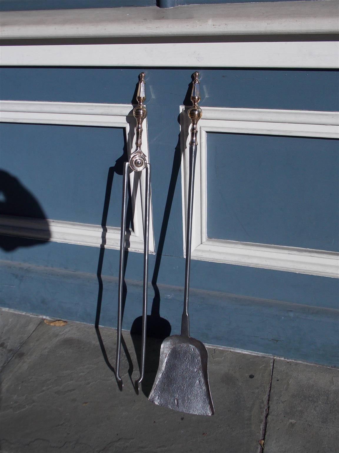 American Colonial Pair of American Brass and Polished Steel Steeple Top Fire Tools, NY, Circa 1800