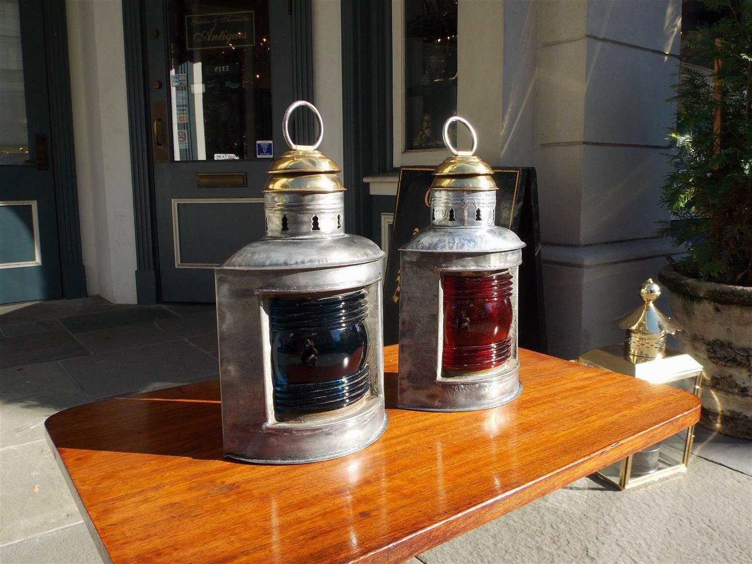 Pair of American Polished Steel and Brass Nautical Ship Lanterns. Circa 1880 In Excellent Condition In Hollywood, SC