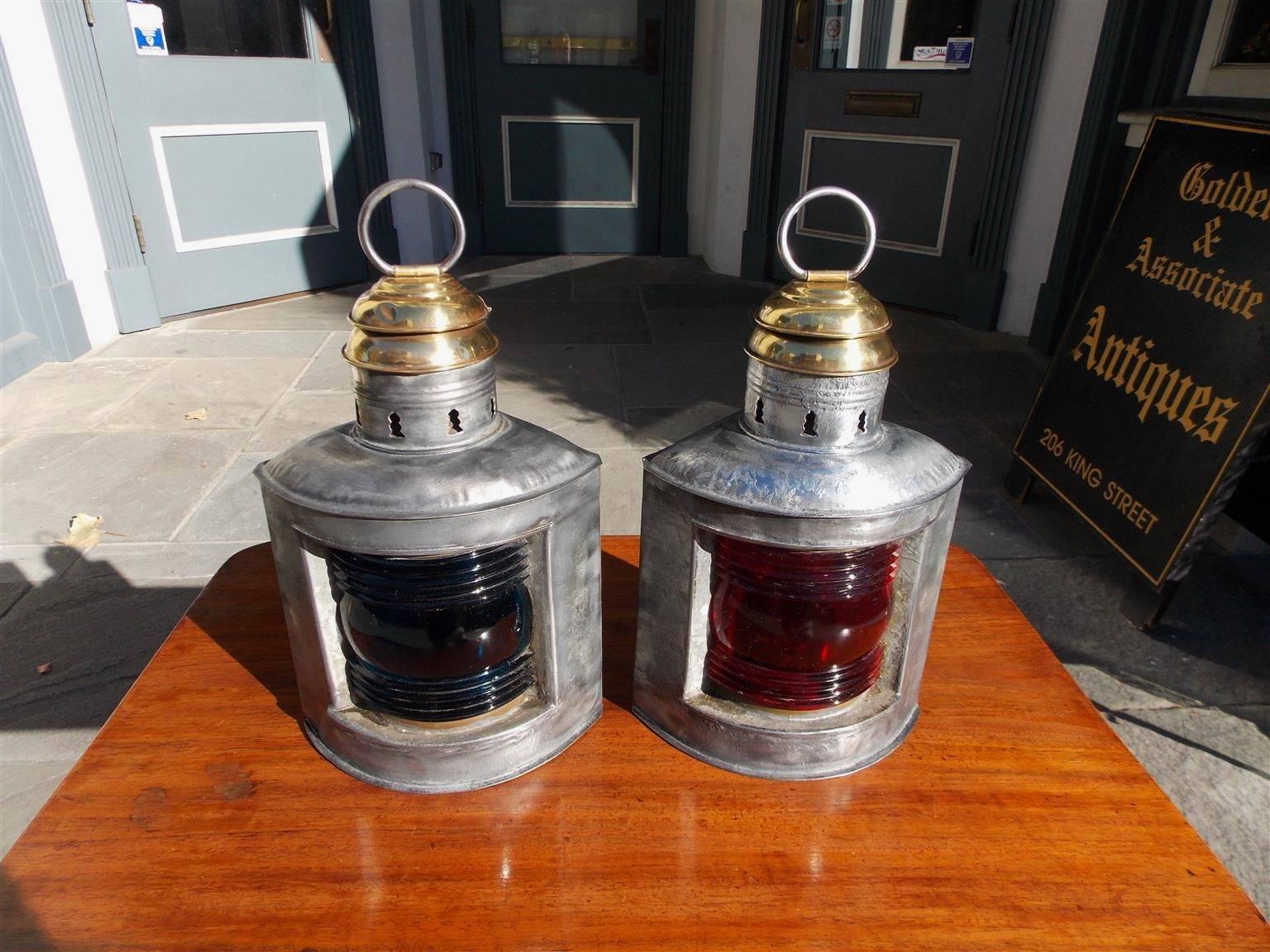 American Empire Pair of American Polished Steel and Brass Nautical Ship Lanterns. Circa 1880
