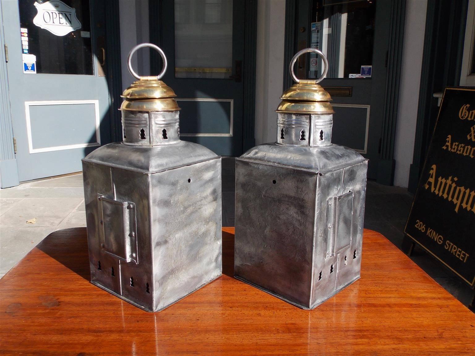 Late 19th Century Pair of American Polished Steel and Brass Nautical Ship Lanterns. Circa 1880