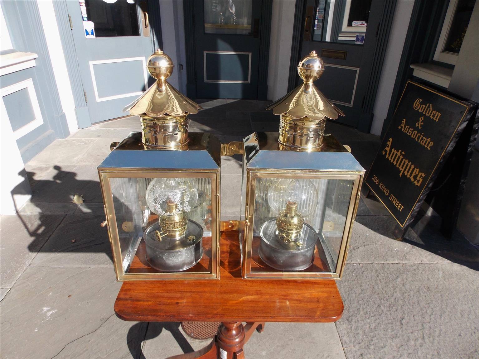 Cast Pair of American Brass and Polished Steel Wall Lanterns, Circa 1880