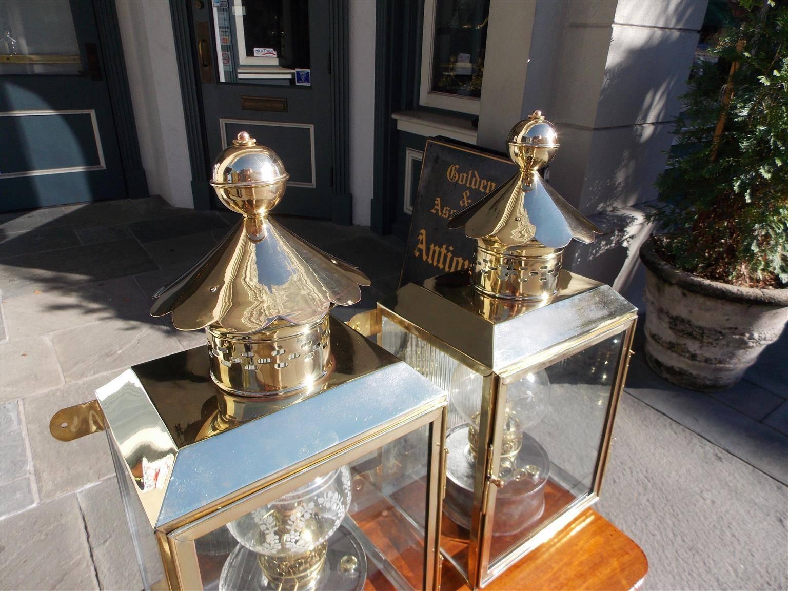 Pair of American Brass and Polished Steel Wall Lanterns, Circa 1880 In Excellent Condition In Hollywood, SC