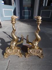 Pair of American Brass Dolphin Andirons, Circa 1870