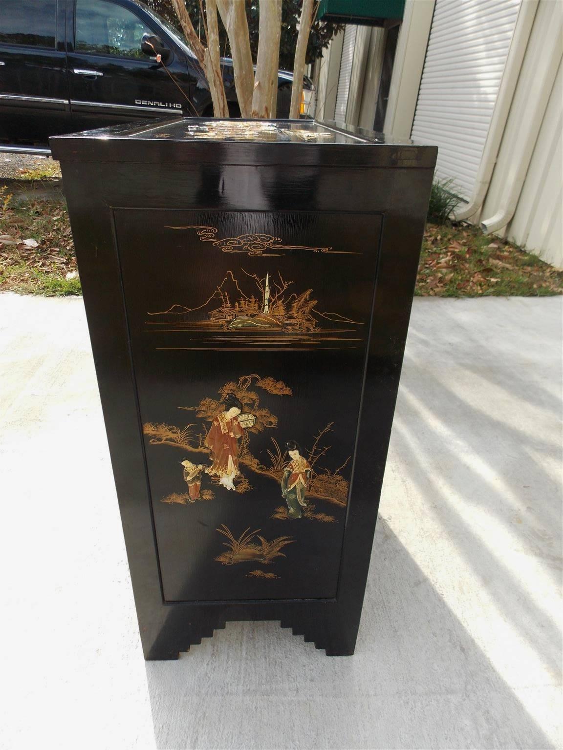 Chinese Black Lacquered & Stenciled Graduated Five Drawer Chest.  20th Century 2