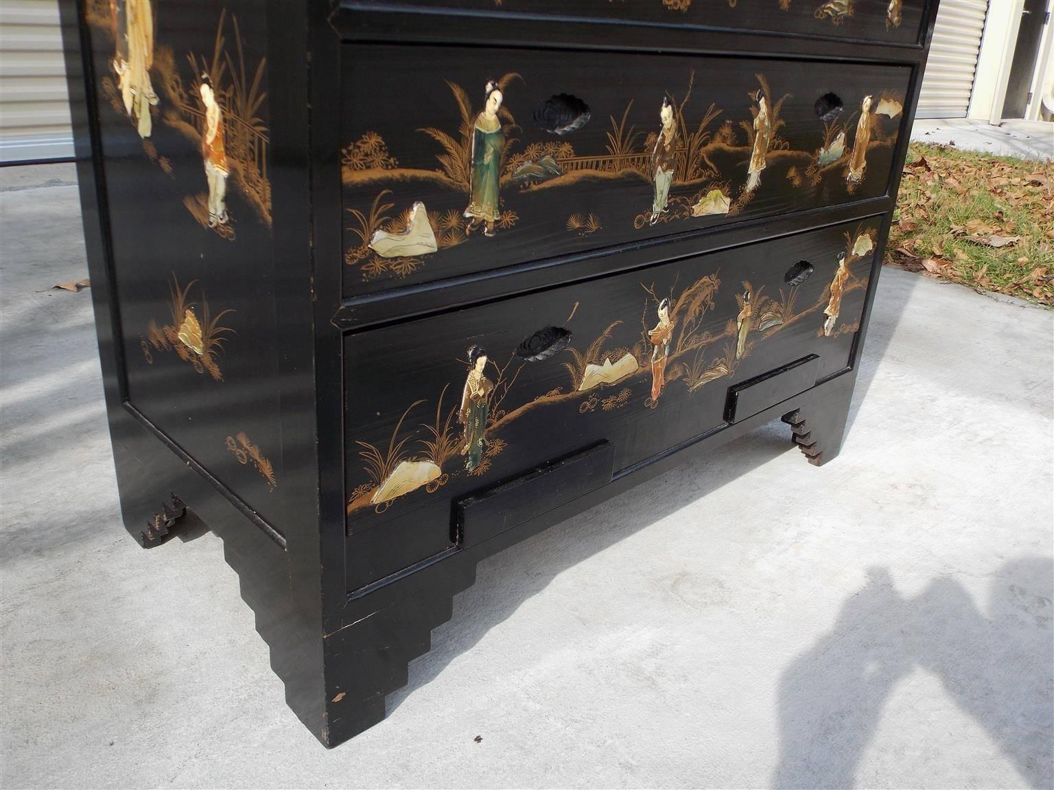Chinese Black Lacquered & Stenciled Graduated Five Drawer Chest.  20th Century 4