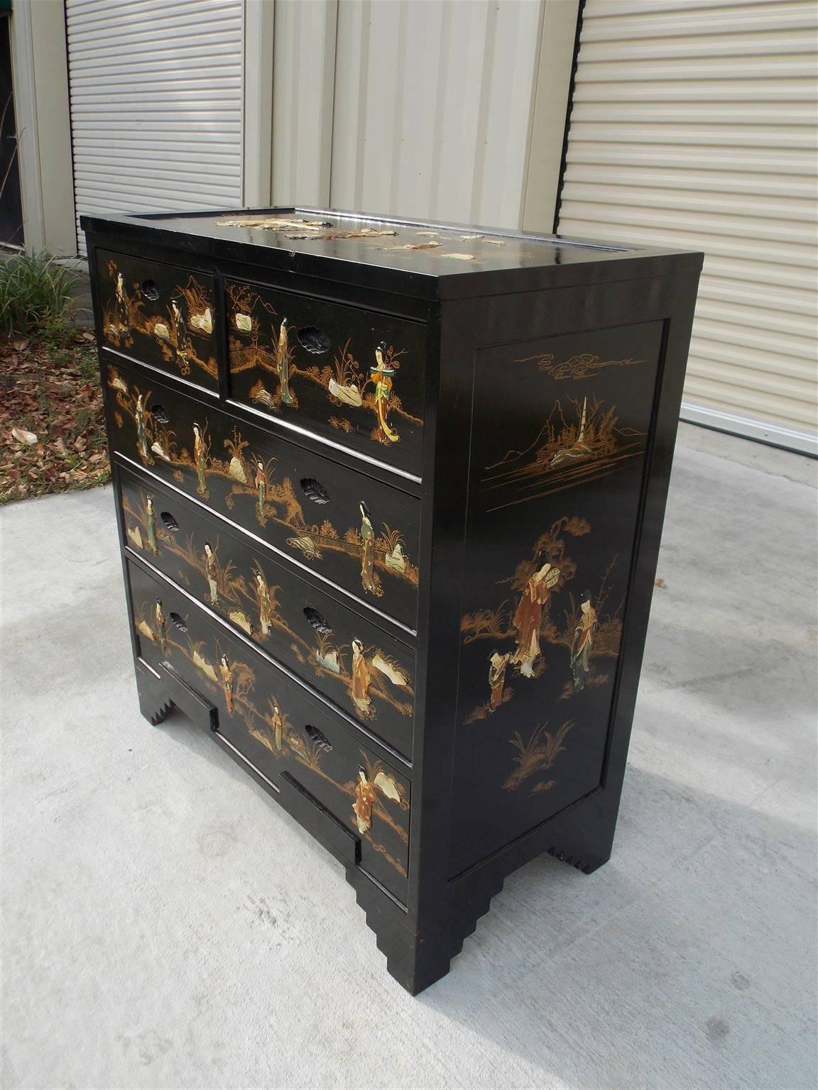 Chinese Black Lacquered & Stenciled Graduated Five Drawer Chest.  20th Century 1