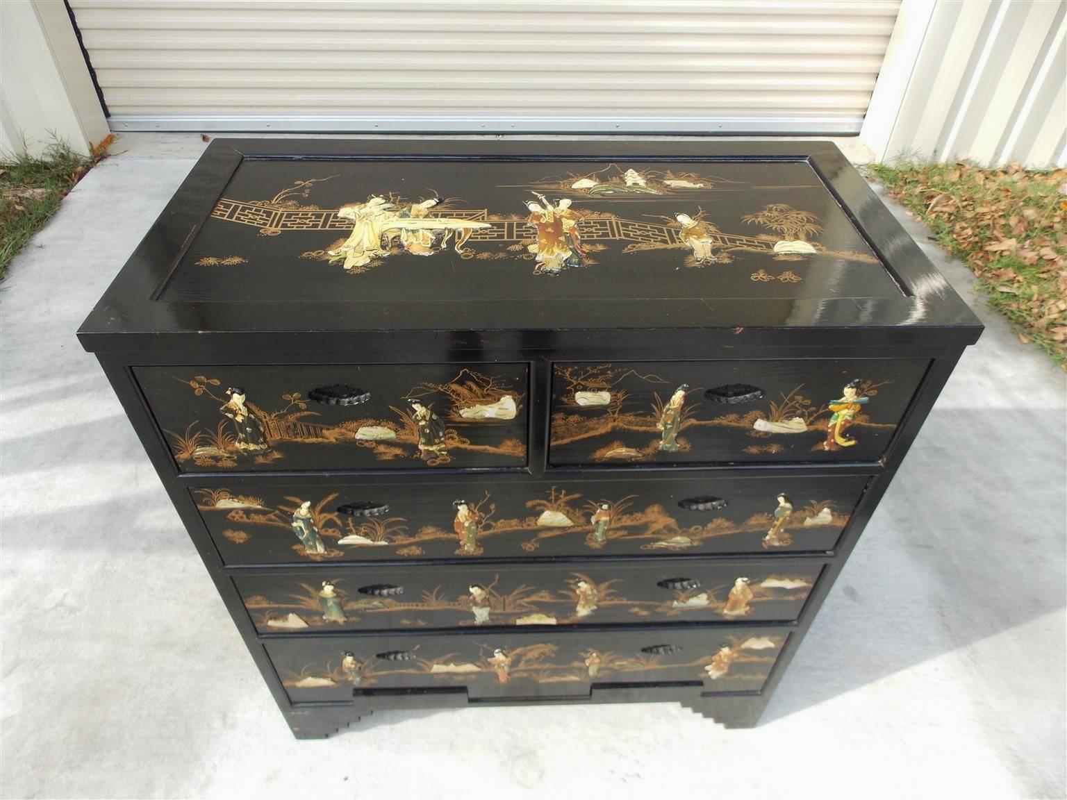 Gilt Chinese Black Lacquered & Stenciled Graduated Five Drawer Chest.  20th Century