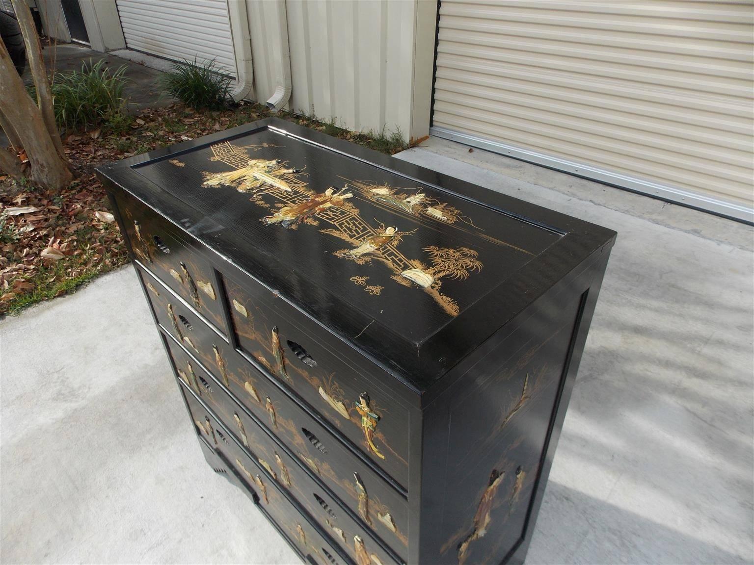 Chinese Export Chinese Black Lacquered & Stenciled Graduated Five Drawer Chest.  20th Century
