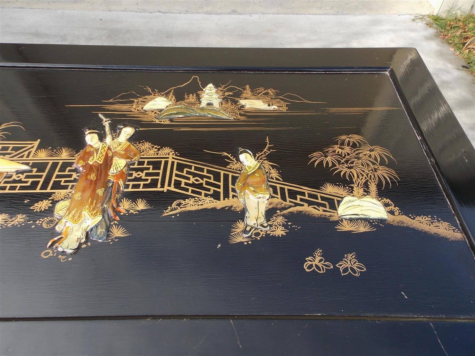 Gold Leaf Chinese Black Lacquered & Stenciled Graduated Five Drawer Chest.  20th Century
